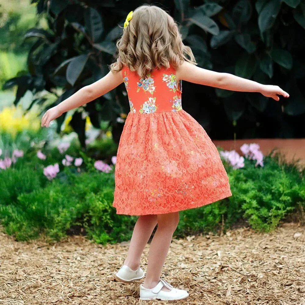 Matilda Jane Bouquets for Layla Cotton + Lace Floral Tank Dress in a Coral/Peach